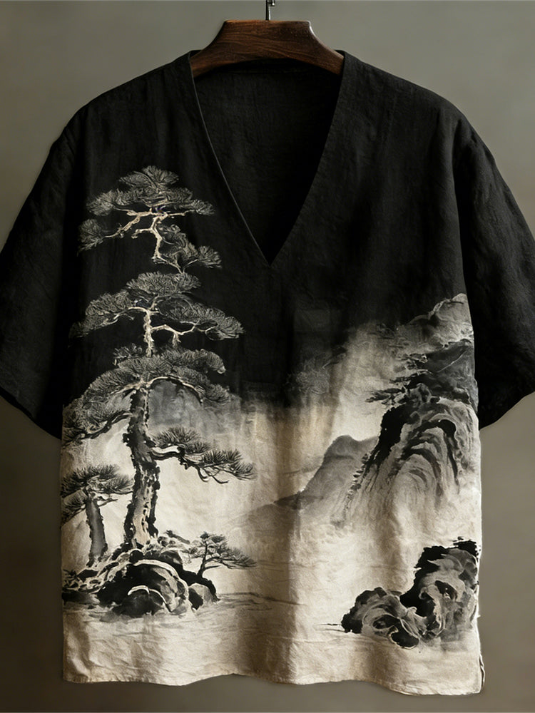Japanese Ink Landscape Art Linen V-Neck Shirt