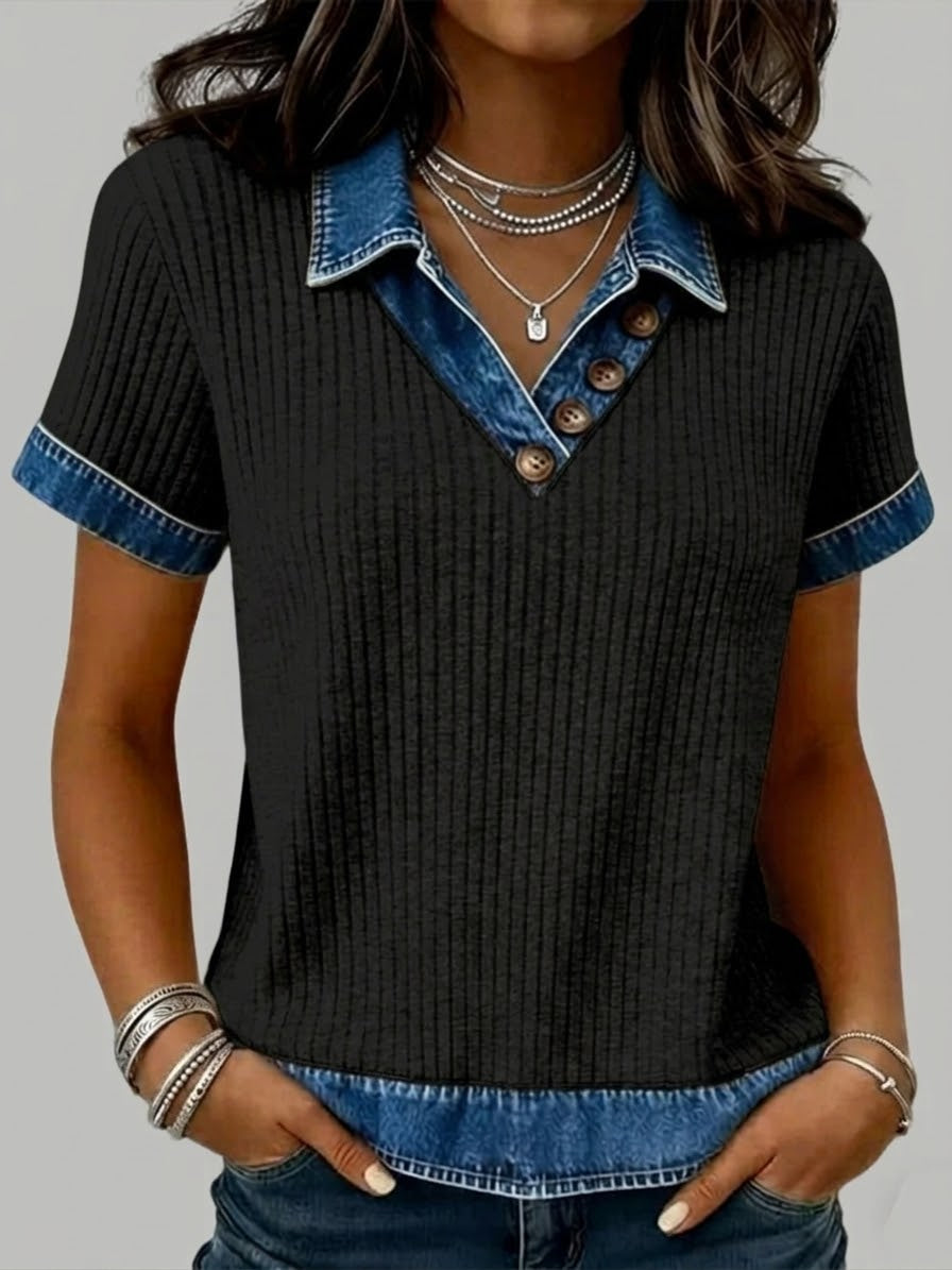 Casual Patchwork Denim Short-Sleeved Knit Top