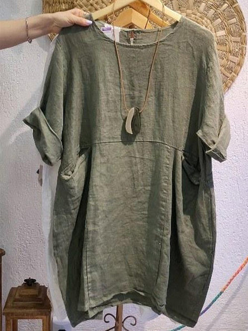 Linen and Cotton Round-Neck Dress