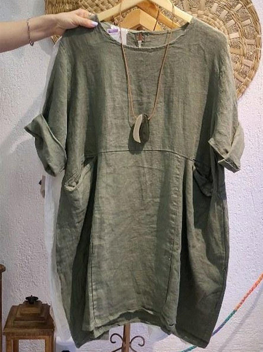 Linen and Cotton Round-Neck Dress