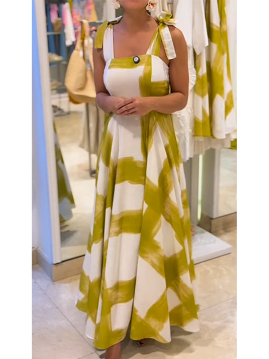 Brushstroke Print Strapless Cotton and Linen Tank Dress