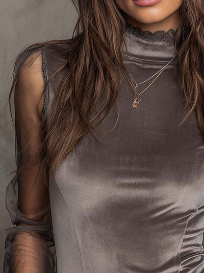 Velvet Mesh Panel High-Neck Top with Graphite Grey