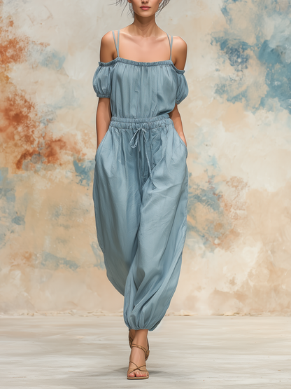 Off-The-Shoulder Puff Sleeve Balloon Leg Jumpsuit with Drawstring Waist