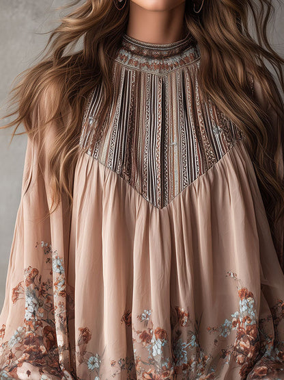 Boho Print High-Neck Sheer Floral Chiffon Blouse with Flowing Sleeves