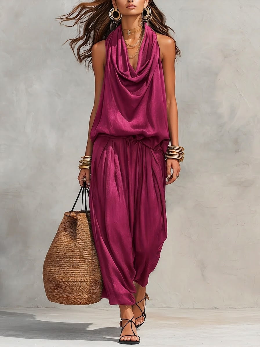 Cozy Elegant Draped Sleeveless Top and Pants Two-Piece Set