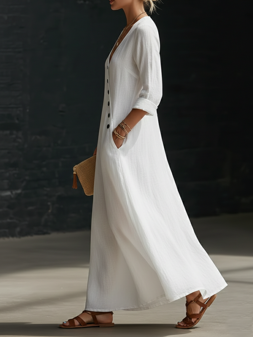 Minimalist Button-Up V-Neck Linen Dress