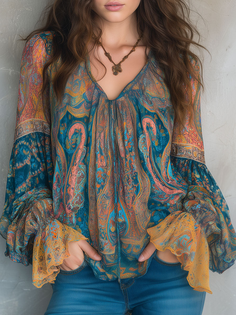 Bohemian Teal and Amber Paisley Chiffon Blouse with Ruffled Cuffs