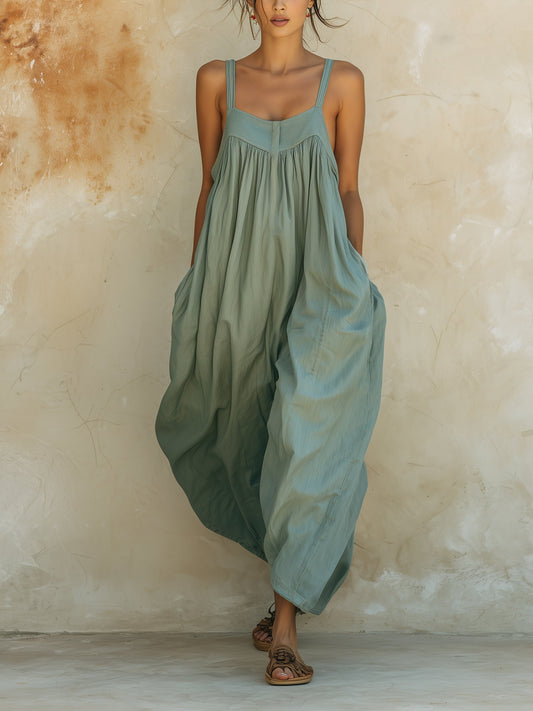 Sage Green Sleeveless Denim Jumpsuit with Relaxed Fit with Pockets