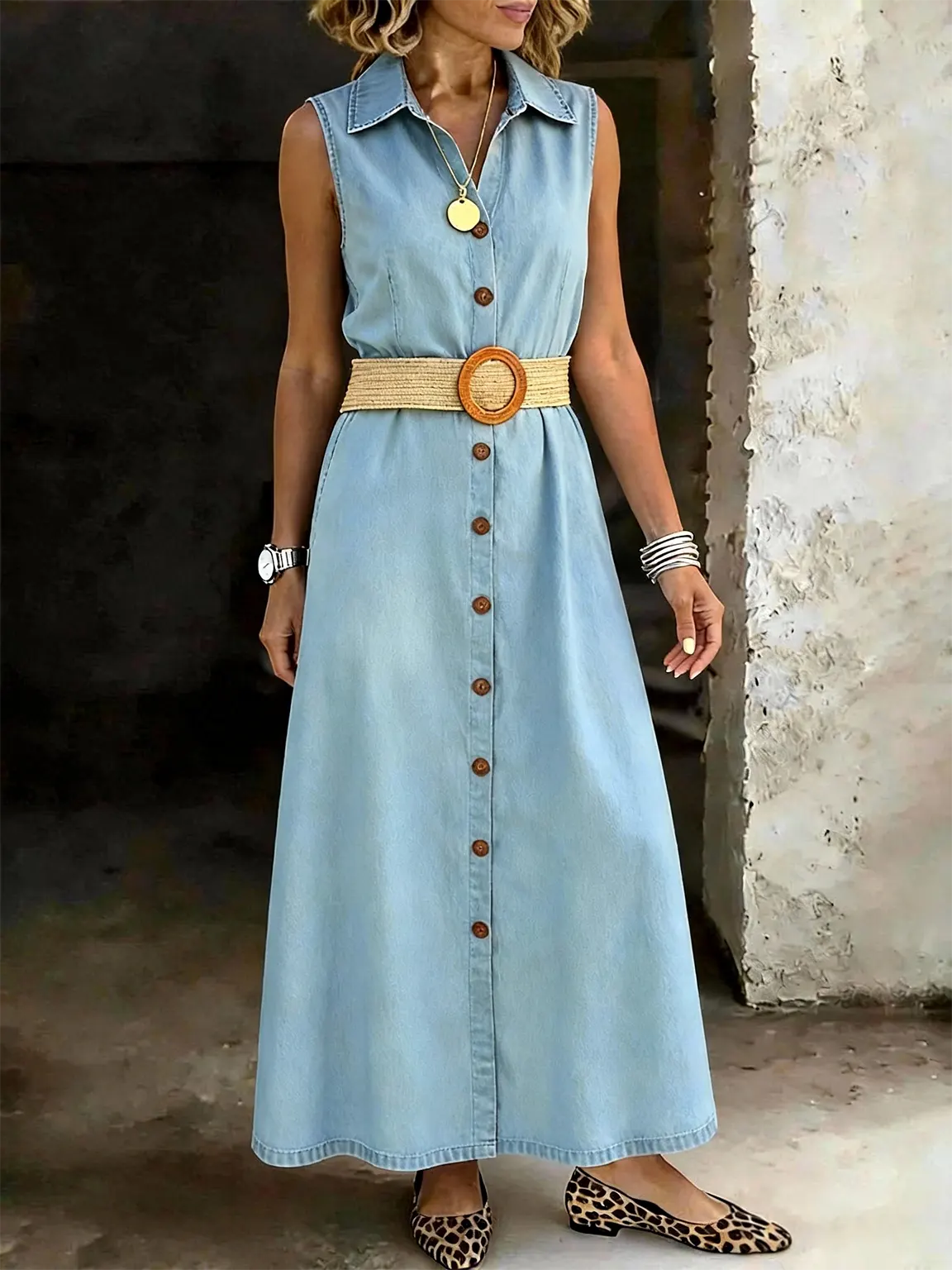 Lapel Sleeveless Buttons Denim Maxi Skirt