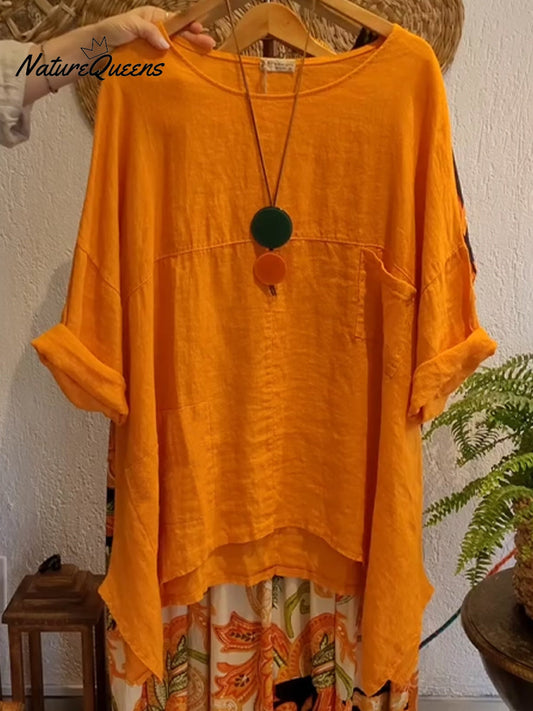 Casual Cotton and Linen Round-Neck Shirt