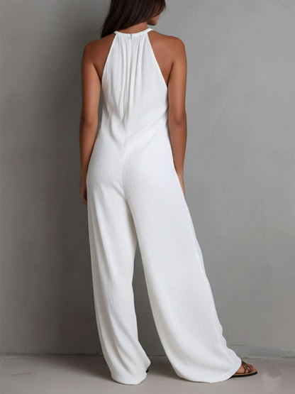 Minimalist Halter-Neck Loose Cotton-Linen Jumpsuit