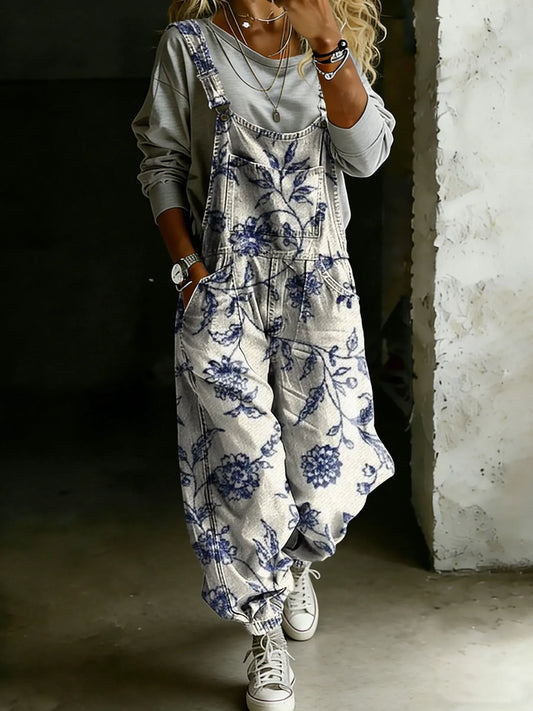 Vintage Floral Art Print Casual One Piece Denim Jumpsuit