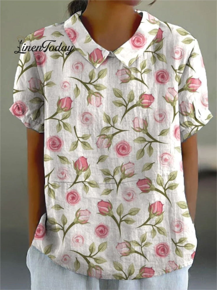 Retro Floral Art Print Casual Cotton and Linen Shirt
