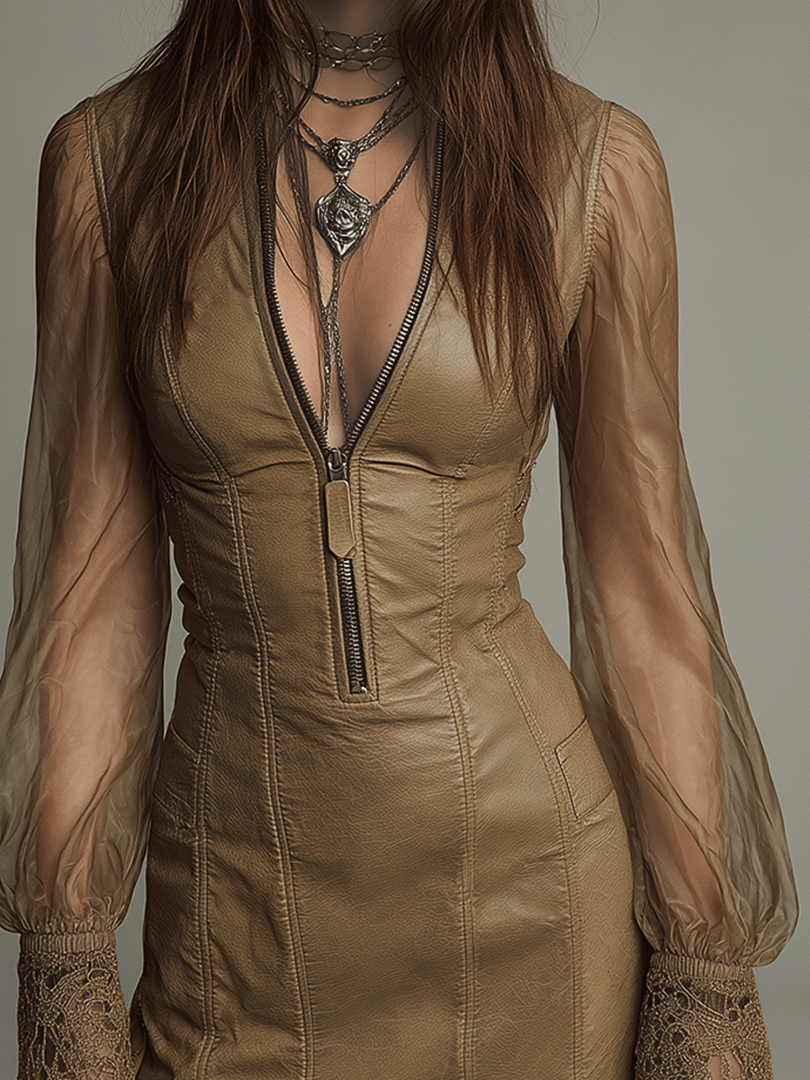 Boho Sheer Sleeve Faux Leather Lace-Trim Mini Dress