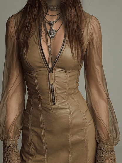 Boho Sheer Sleeve Faux Leather Lace-Trim Mini Dress