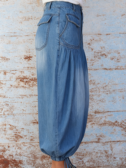 High-Waisted Gradient Denim Harem Pants with Drawstring Cuffs