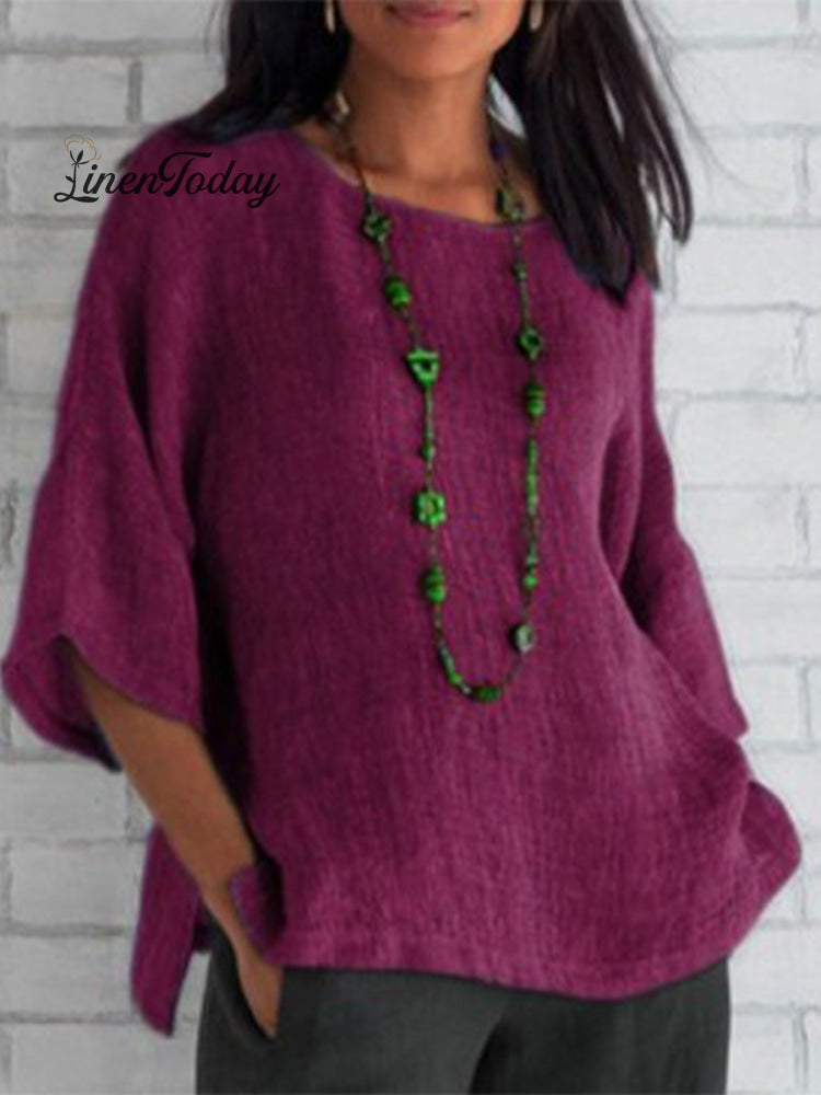 Crewneck Cotton and Linen Shirt Top