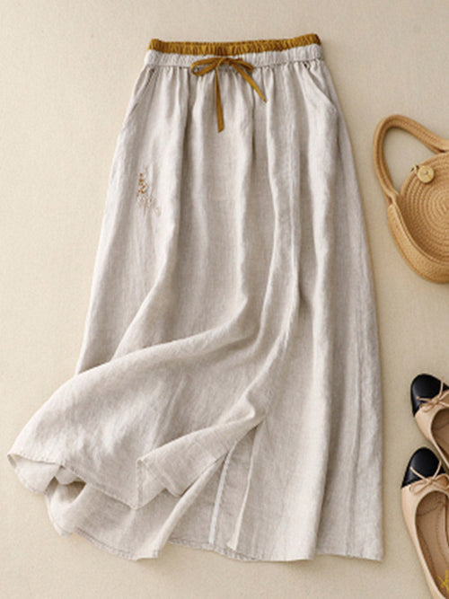 Artistic Embroidery Elastic Waist Colorblock A-Line Loose Linen Skirt