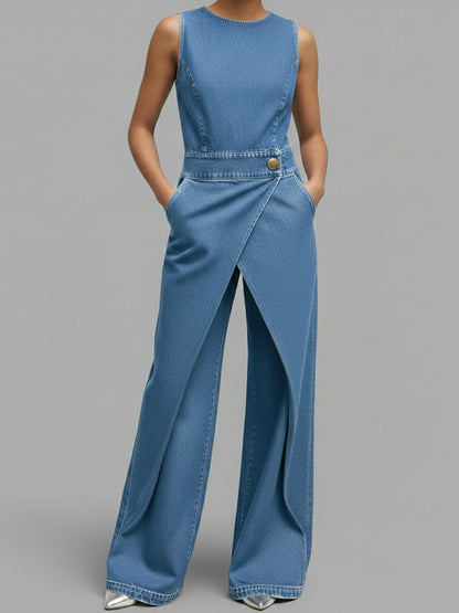 Round Neck Sleeveless Casual Loose Denim Wide-Leg Jumpsuit