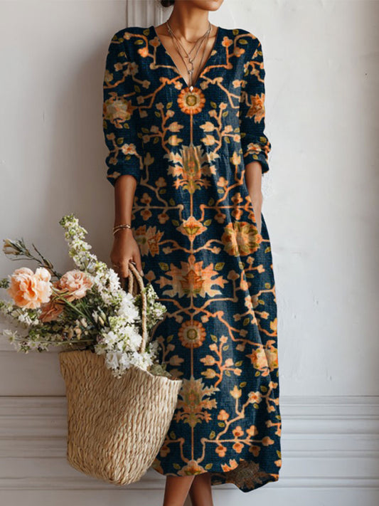 Vintage Flower Art Print Linen Pocket Dress