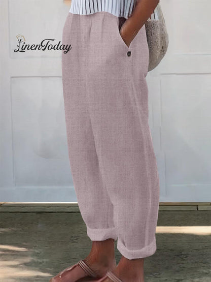 Printed Cotton and Linen Casual Pants