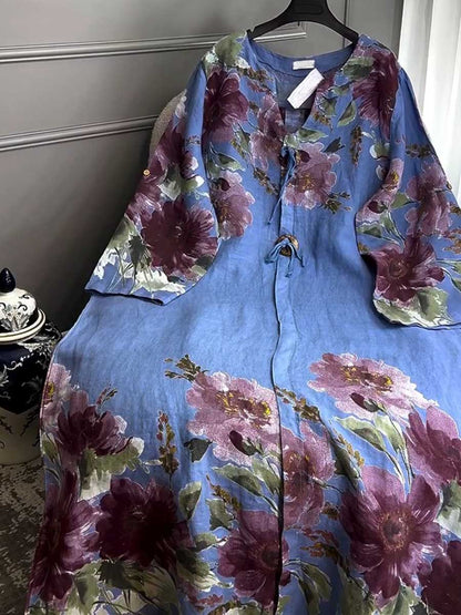V-Neck Long-Sleeve Vintage Positioning Print Casual Loose Cotton and Linen Dress