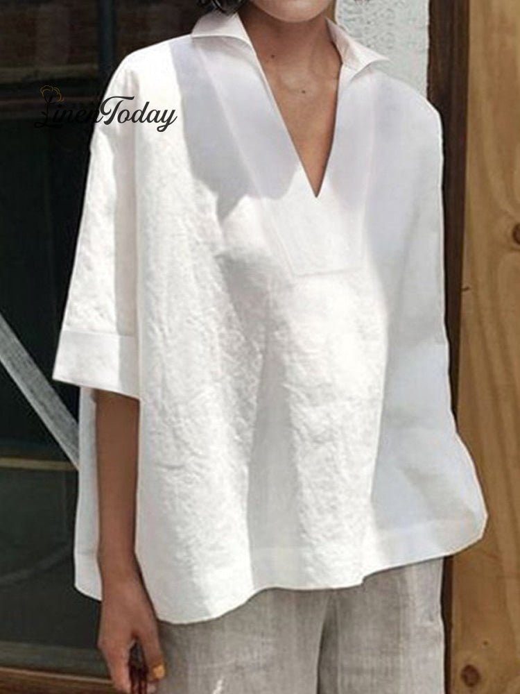 V-Neck Cotton and Linen Solid Colour Loose Mid-Sleeve Shirt
