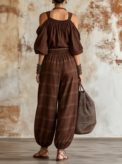 Chocolate Brown Plaid Cold-Shoulder Top and Harem Pants Loungewear Set