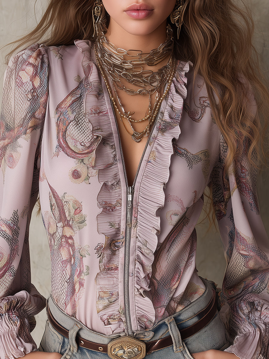 Vintage-Style Snake Print Satin Blouse with Ruffles