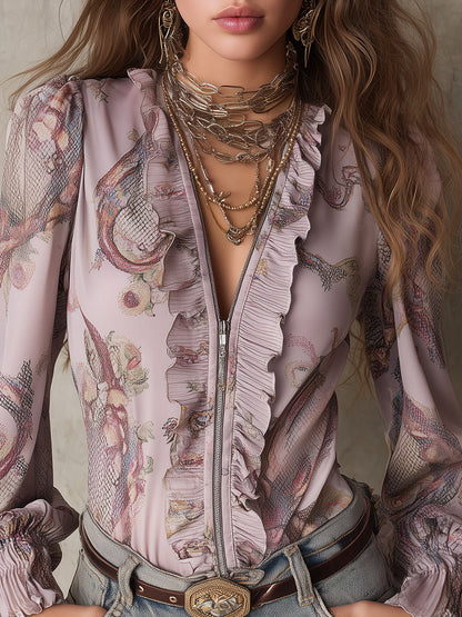 Vintage-Style Snake Print Satin Blouse with Ruffles