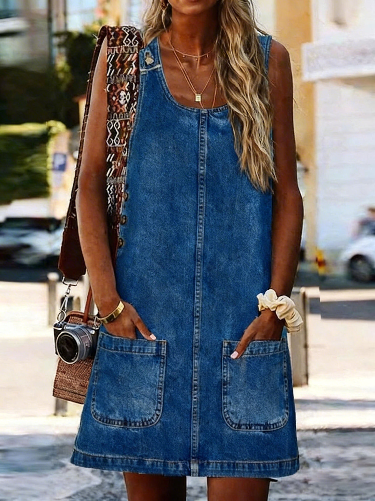 Retro Sleeveless Pocket Casual Denim Dress
