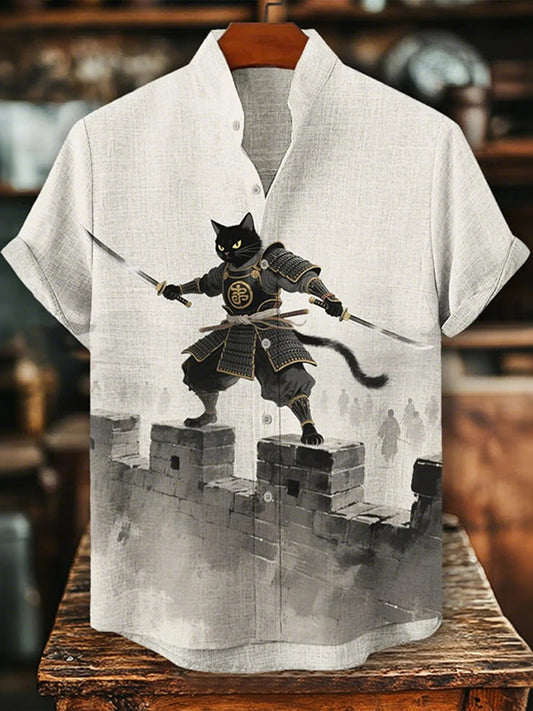 Men's Black Cat Samurai Swordsman Print Short-Sleeve Shirt