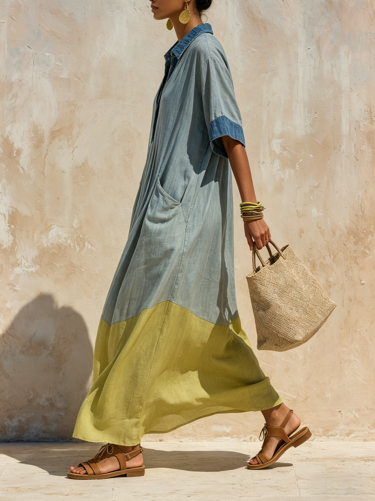Oversized Denim Linen Maxi Dress with Breathable Two-Tone Casual Cover-Up