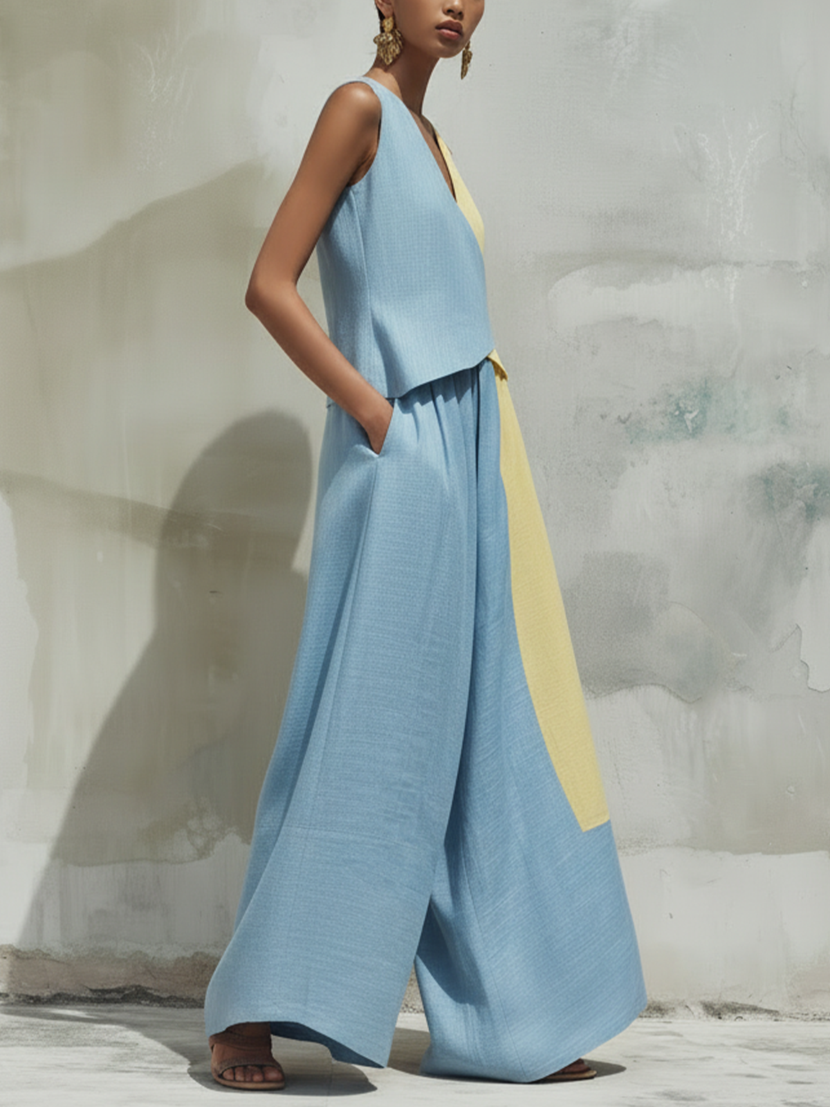 Light Blue and Yellow Colorblock Linen Two Piece Set