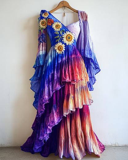Rainbow Linen Ruffle Daisy Embroidery Irregular Dress 4d6d