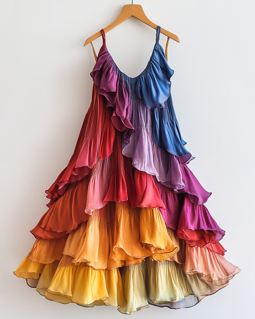 Summer Rainbow Satin Irregular Ruffle Dress F16f