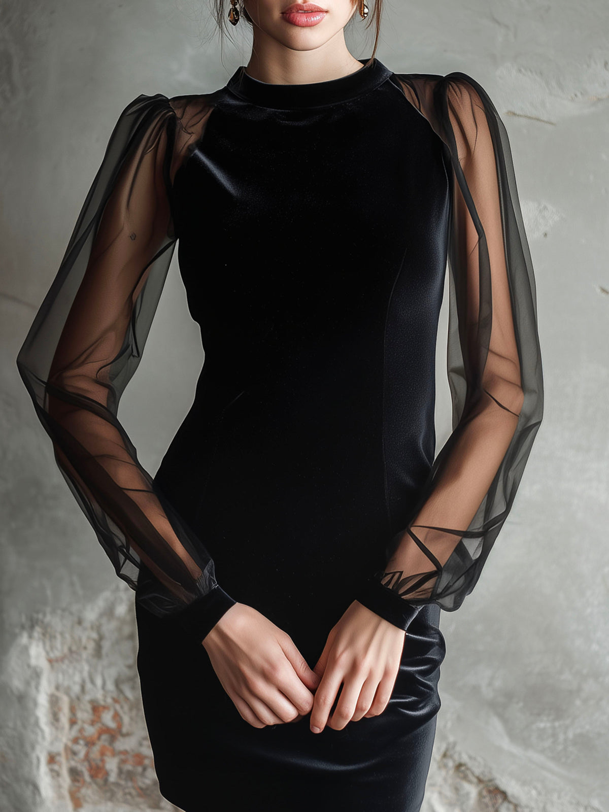 Elegant Mock-Neck Black Velvet Cocktail Dress with Sheer Sleeves
