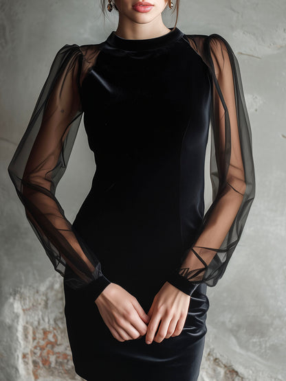 Elegant Mock-Neck Black Velvet Cocktail Dress with Sheer Sleeves