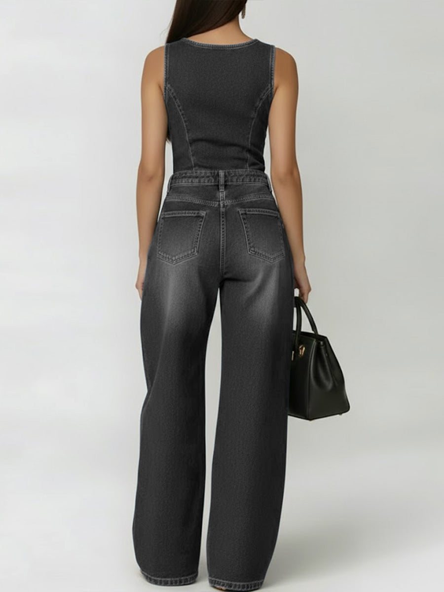 Round Neck Sleeveless Casual Loose Denim Wide-Leg Jumpsuit