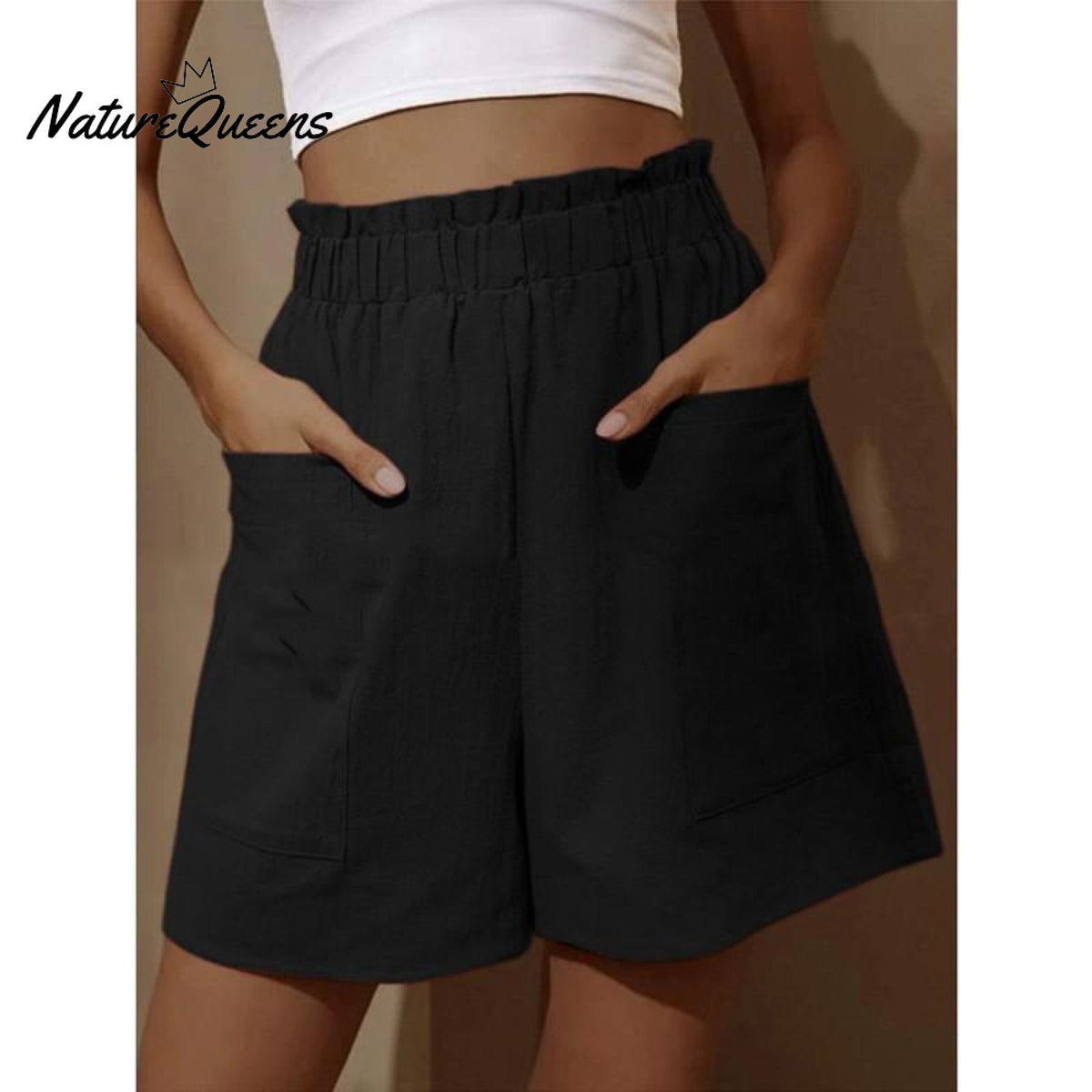 Cotton and Linen Wear High-Waisted Shorts with Buds