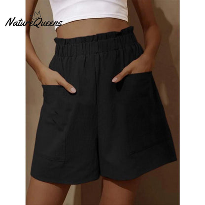 Cotton and Linen Wear High-Waisted Shorts with Buds