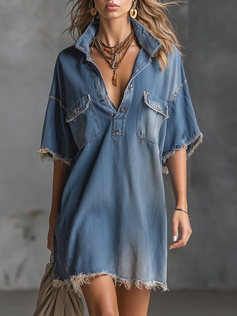 Stylish and Casual Frayed-Edge Blue Denim Short-Sleeved Mini Dress