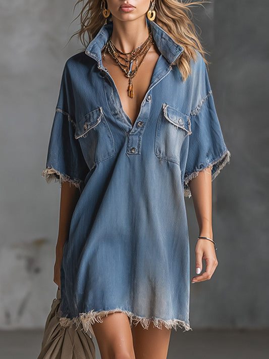 Stylish and Casual Frayed-Edge Blue Denim Short-Sleeved Mini Dress