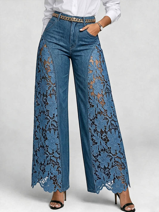 High-Waisted Loose-Fit Embroidered and Paneled Wide-Leg Jeans