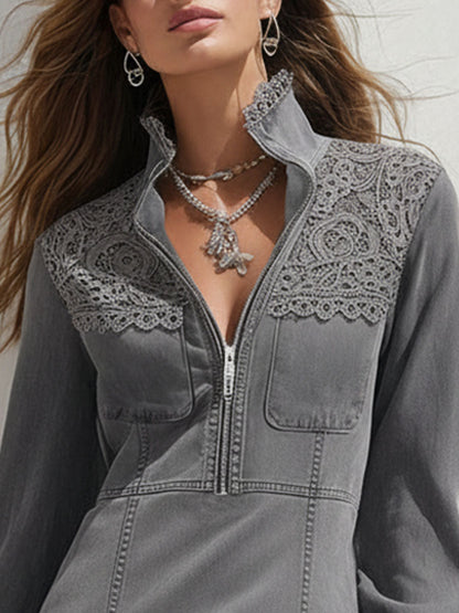 Stand-Up Collar Half-Zip Denim Patchwork Lace Mini Dress