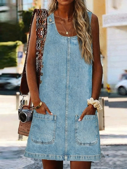 Retro Sleeveless Pocket Casual Denim Dress
