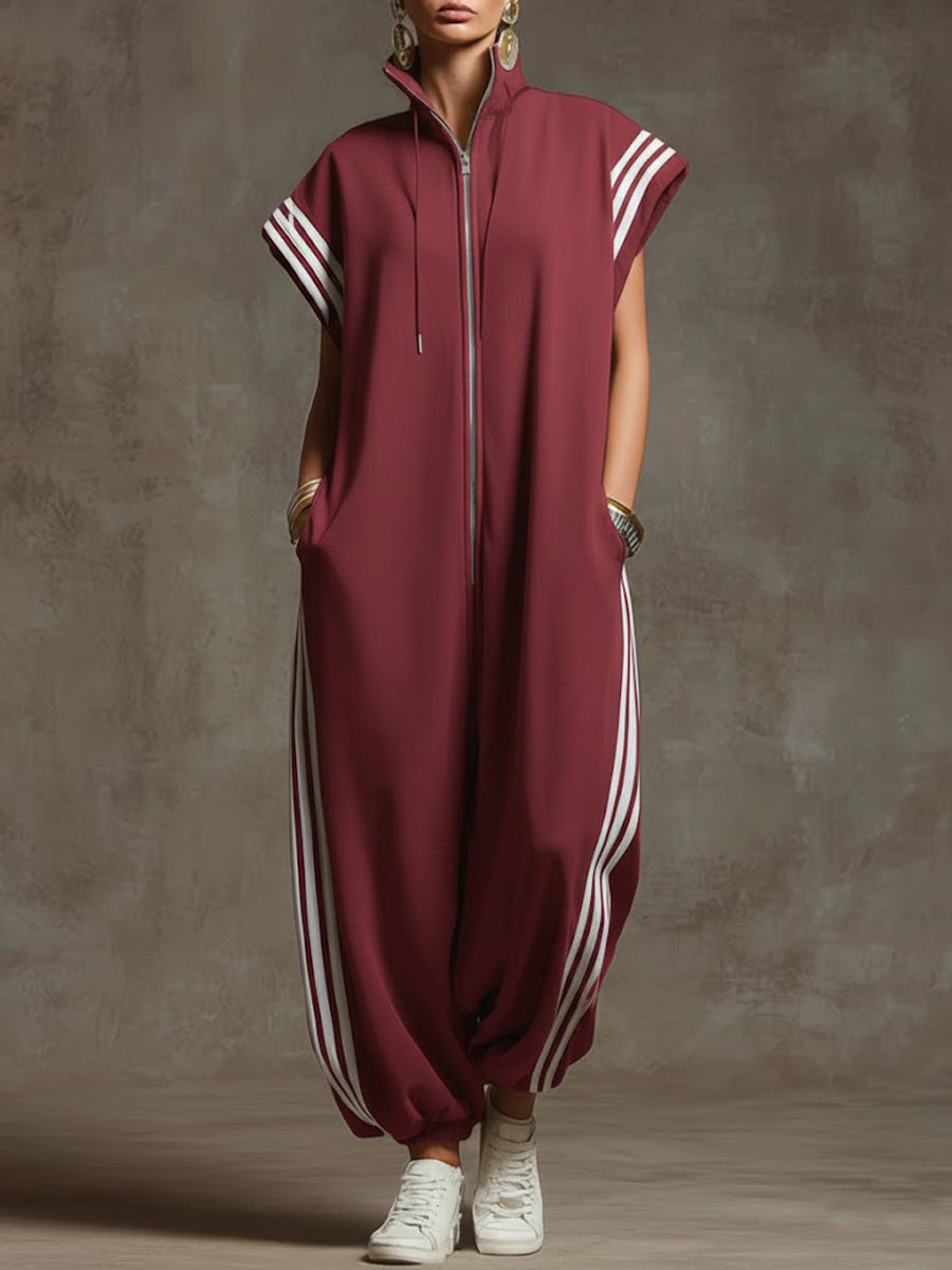 Relaxed Stand-Collar Short-Sleeved Casual Loose Cotton Wide-Leg Jumpsuit