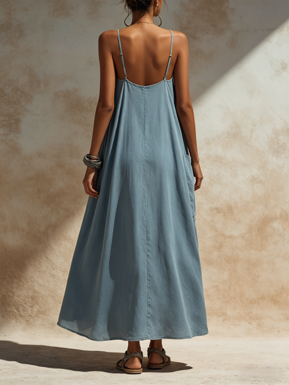 Slate Blue Linen-Blend Maxi Slip Dress with Oversized Pocketed Casual Dress