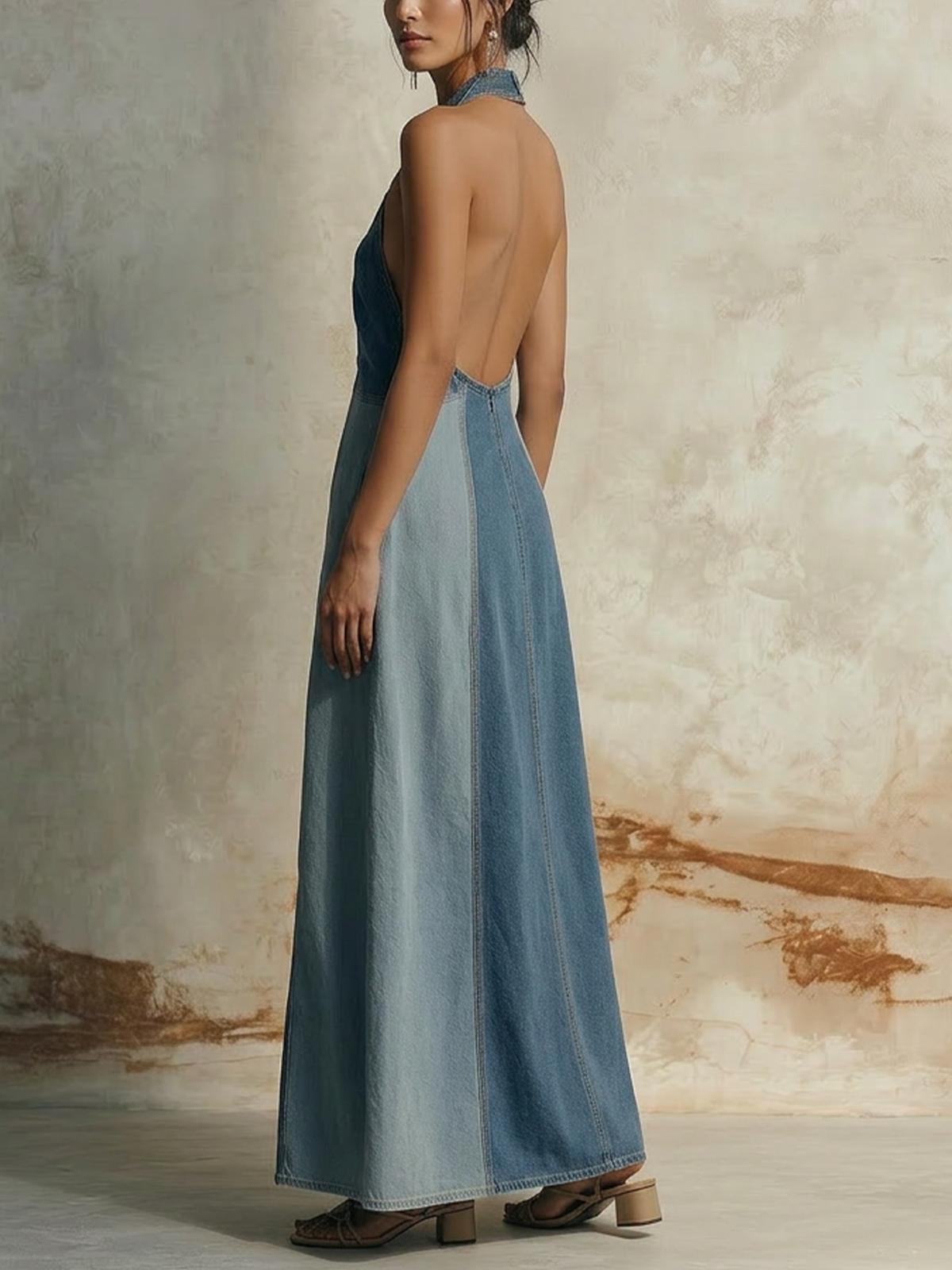 Blue Denim Halter Neck Cutout Colorblock Maxi Dress