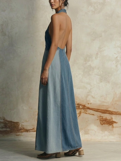 Blue Denim Halter Neck Cutout Colorblock Maxi Dress